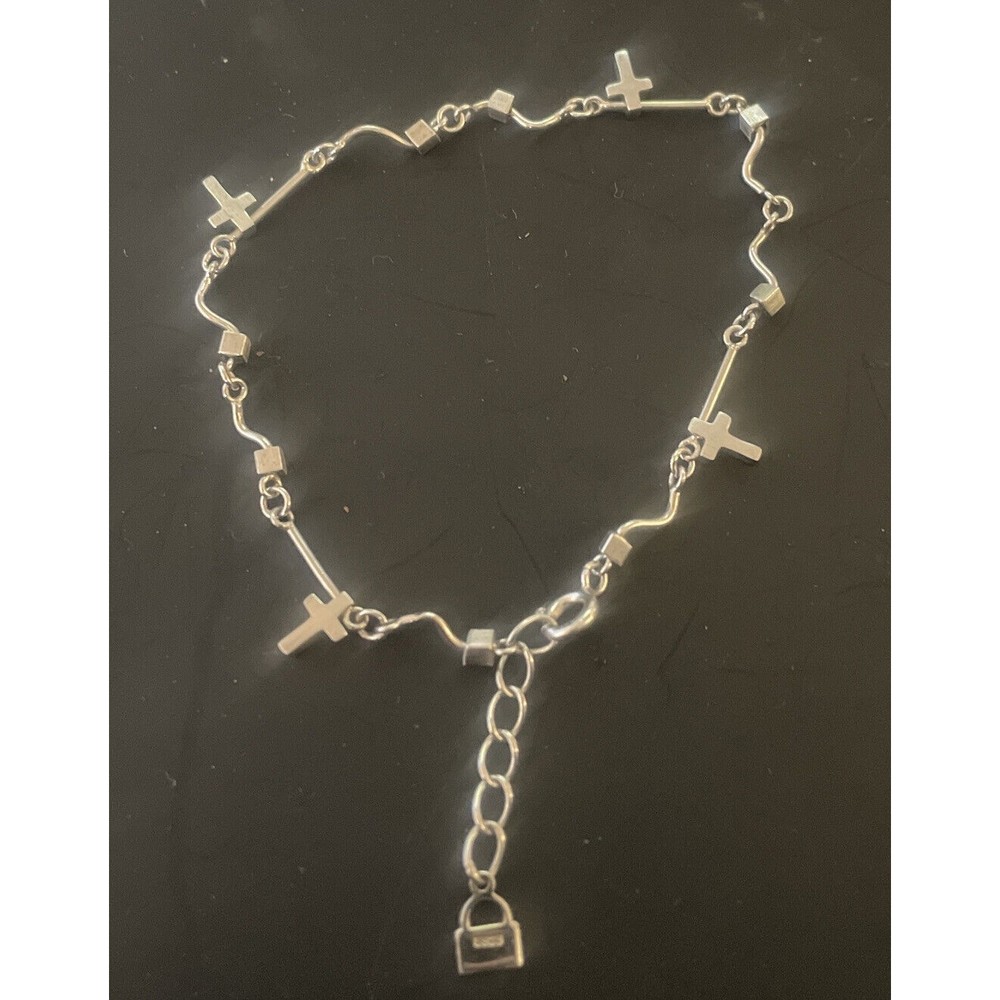 Religious Multi Charm Dangling Cross Bracelet Communion .925 Silver Adjustable